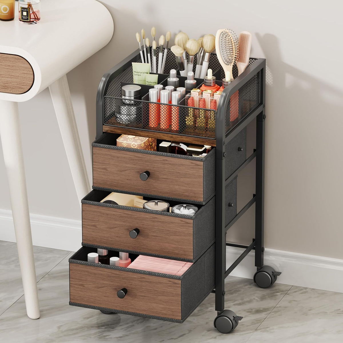 SWTYMIKI Rolling Makeup Organizer Cart - Under Desk Vanity Makeup Storage wit...
