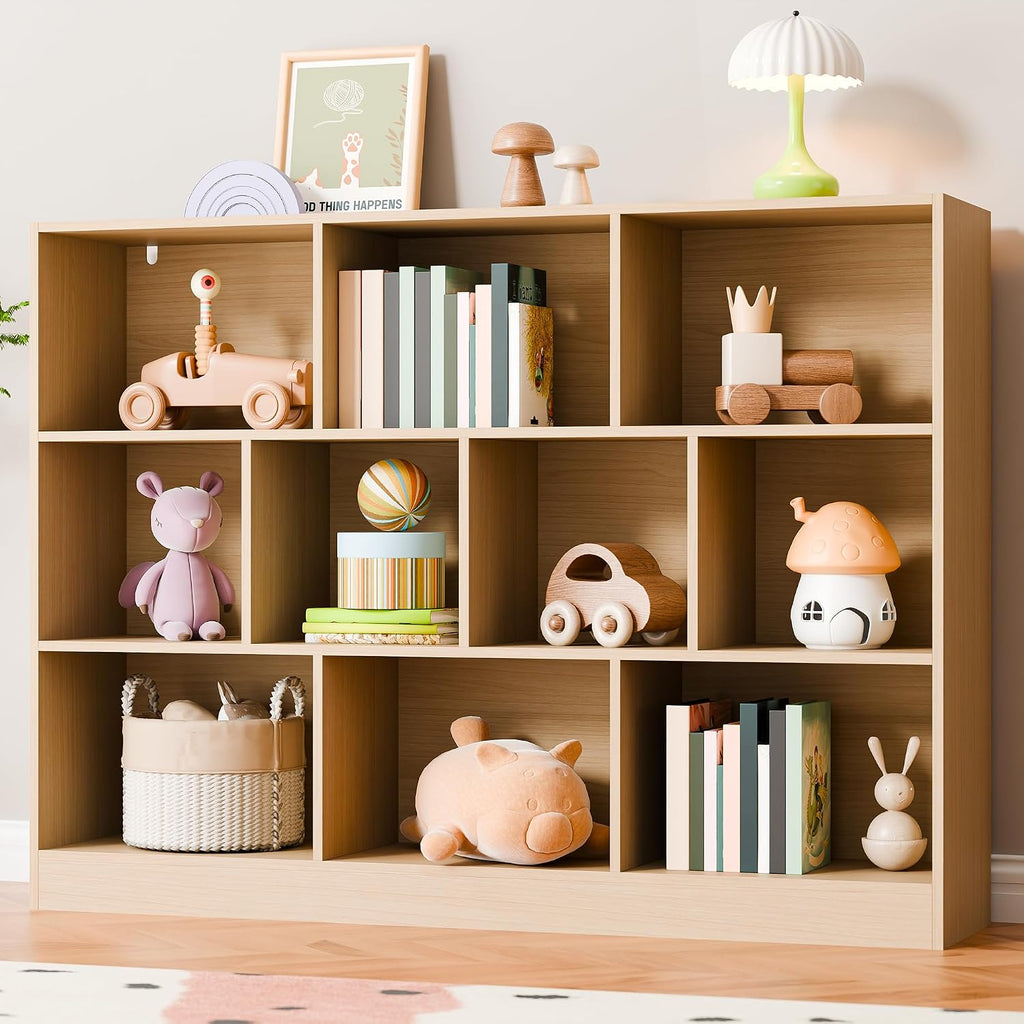Cozy Castle Oak Bookshelf, 3-Tier Open Shelf Bookcase, 10 Cube Storage Organizer