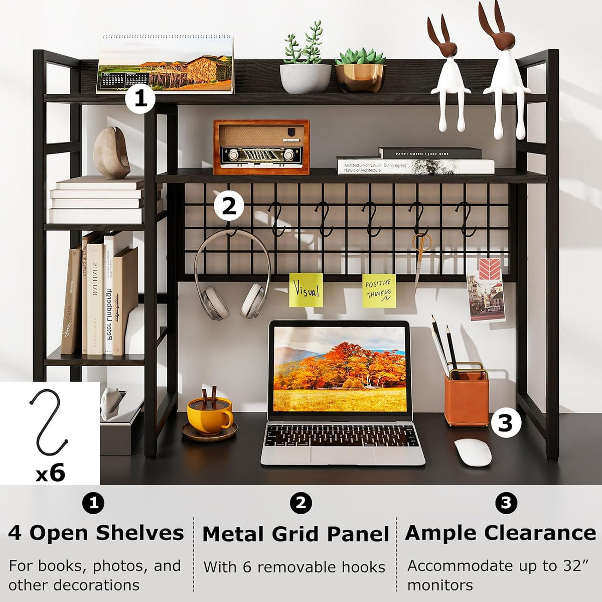 GOFLAME Desktop Bookshelf, 37 Inch Desk Shelf for Computer Monitor, 4-Tier De...