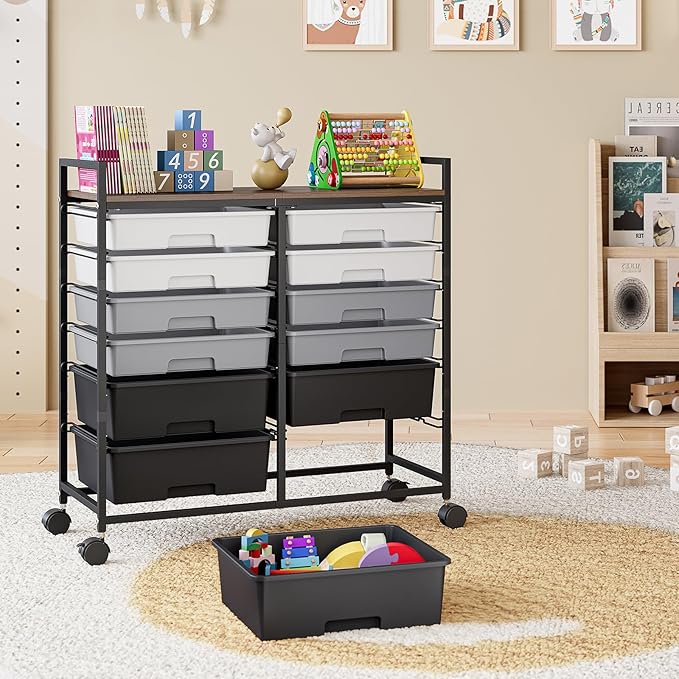 Rolling Storage Cart with 12 Drawers, Wooden Tabletop Utility Cart - Image 9