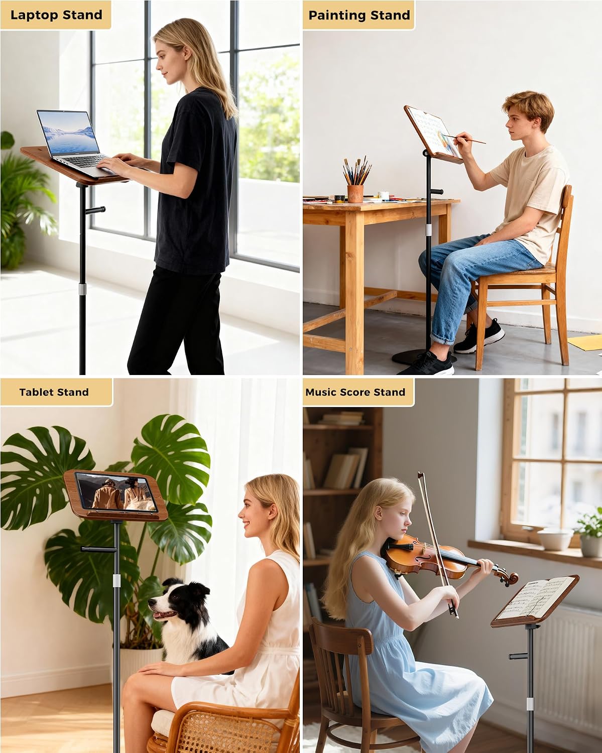 Laptop Stand Floor, Wood Music Stand, Tablet Floor Stands Adjustable Height, Tall Book Stand Hands Free, for Projector, Office, Study, Brown