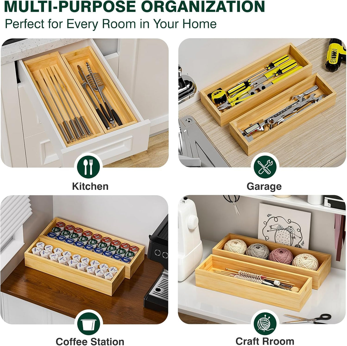 Bamboo Kitchen Drawer Organizer, Set of 2, Nested, 15" x 5" x 2.5&q...