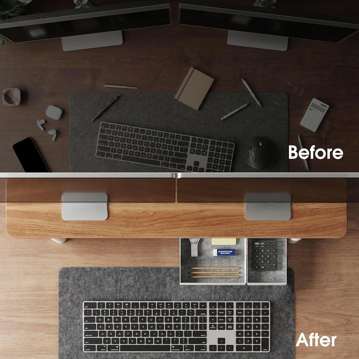 Fenge 42.5" Dual Monitor Stand with Storage Drawer & Solid Wood Legs