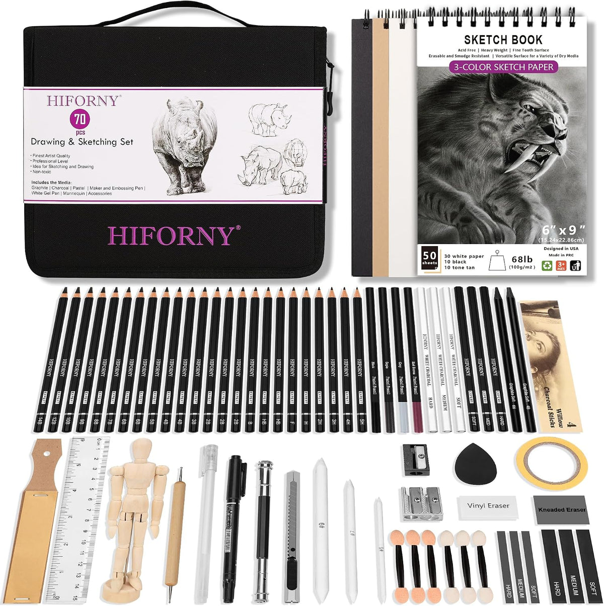 hiforny 70 pcs drawing set sketching kit,sketch pencils, main product view