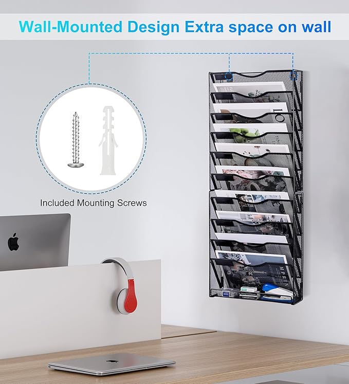 Solinxe 10-Tier Wall File Organizer, Mesh Mail Organizer Wall Mounted Paper - Image 2