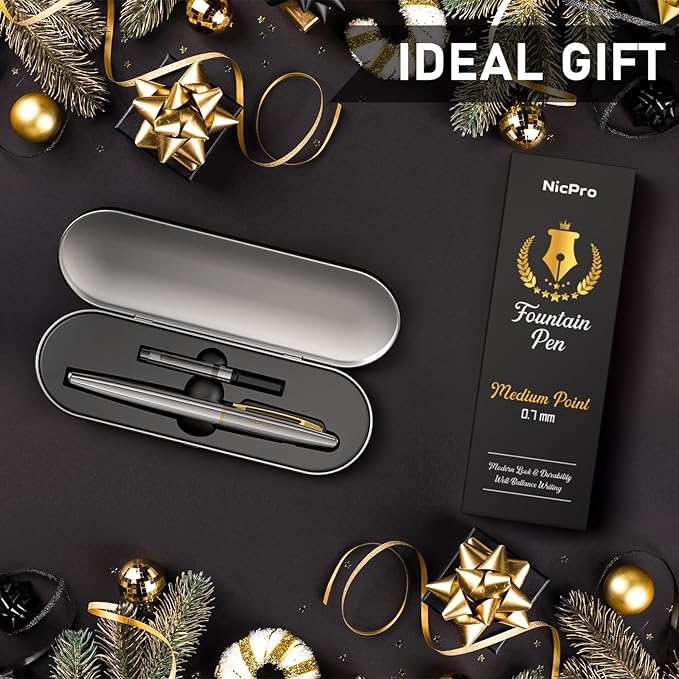 Nicpro Fountain Pen Set with Box, Classic Silver-Gold Fancy Pen with Converter - Image 7