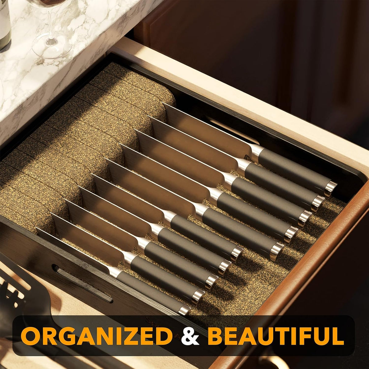 SpaceAid Large Knife Drawer Organizer Bamboo Insert Dock, Kitchen Steak Knive...