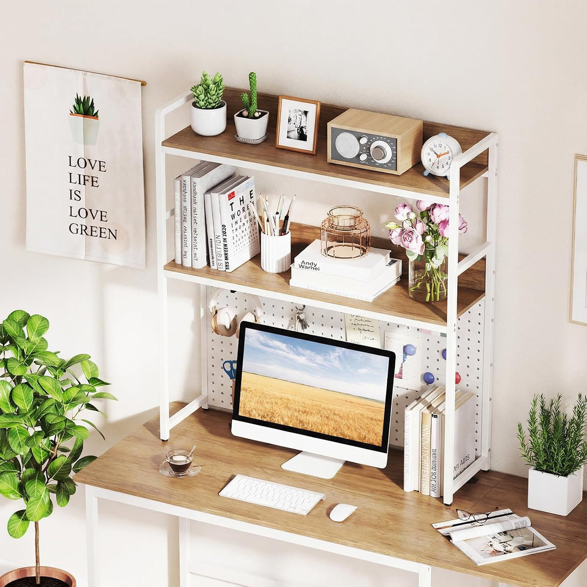 Tangkula Desktop Bookshelf, Multipurpose 2-Tier Desk Hutch with Pegboard, Ind...