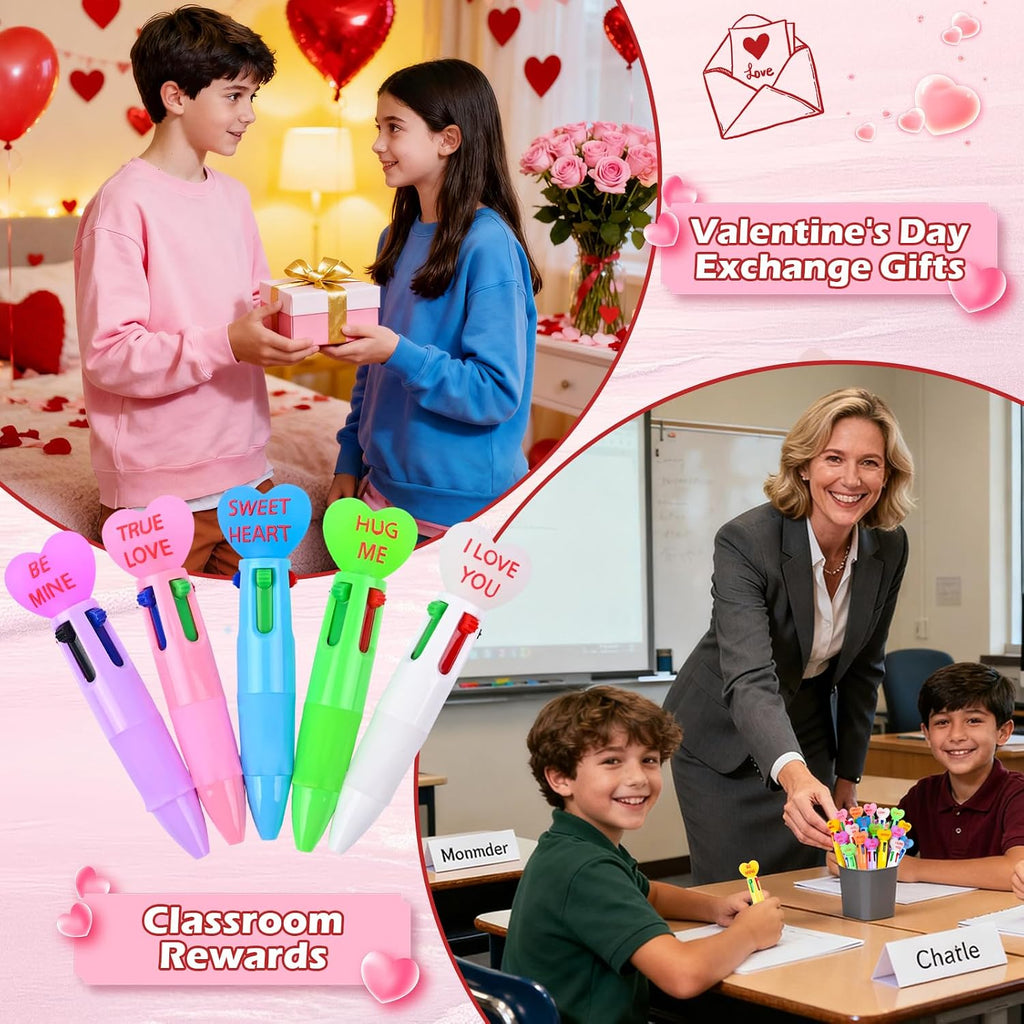 LiYiQ 25 Pcs Valentine's Day Conversation Multicolor Pen in One Cartoon Cute Fun 4-in-1 Pens Bulk Kawaii Be Mine Kiss Me Love Conversation Lovely Ballpoint Pens for Fun Gifts