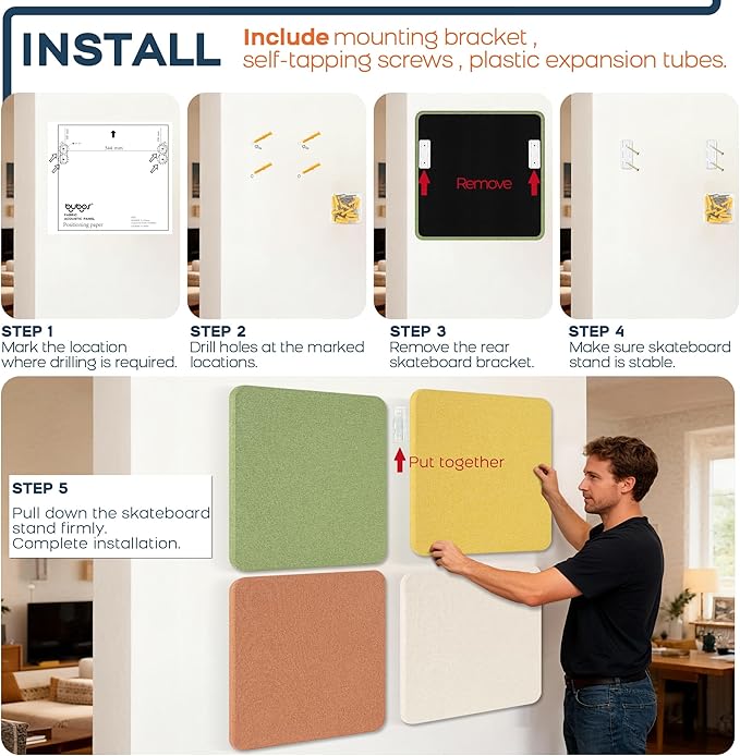 BUBOS 4 PCS Acoustic Panels, Fabric Soundproof Wall Panels, Self-adhesive Sound - Image 7