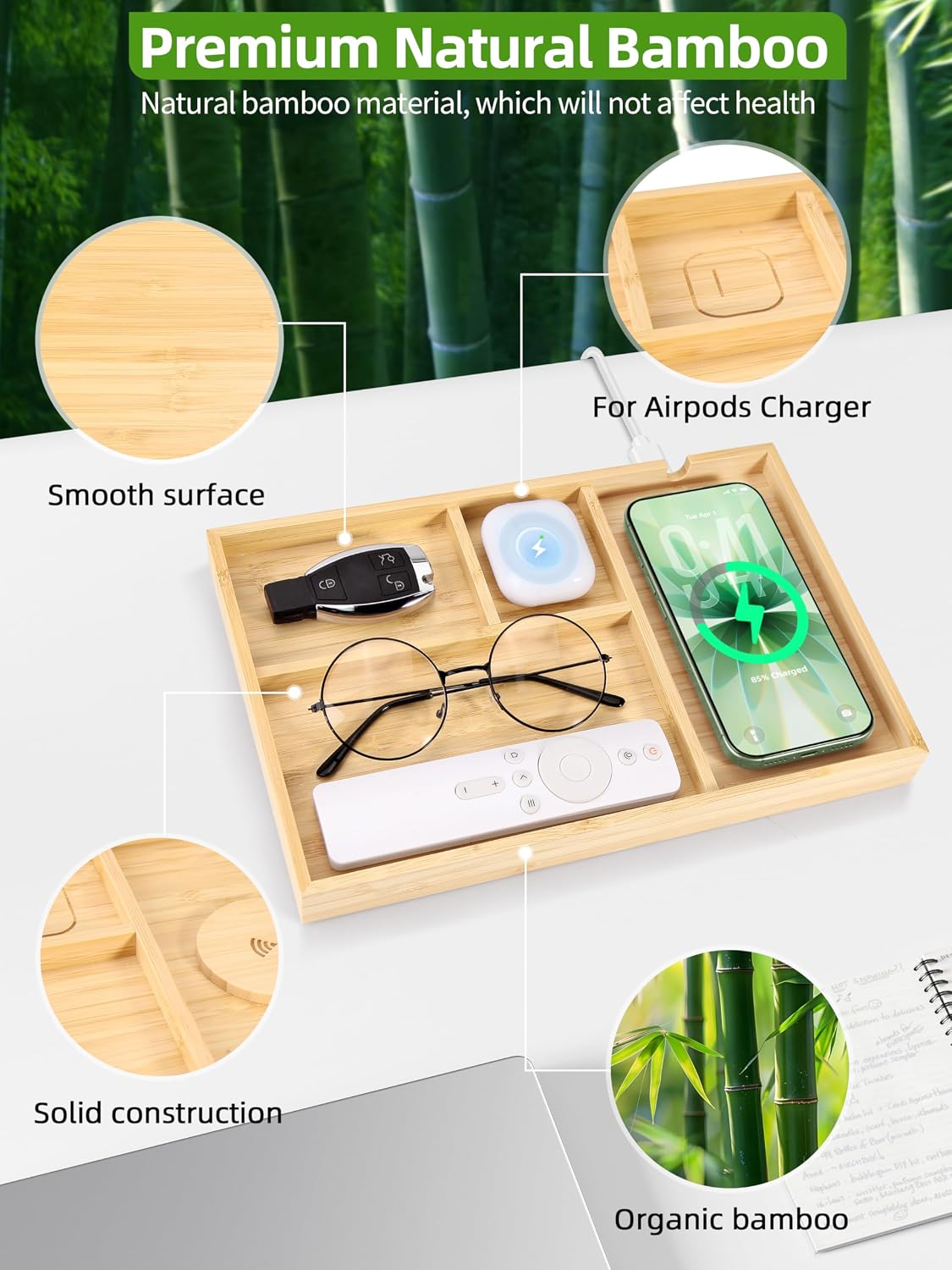 Bamboo Valet Tray with Dual Wireless Charger - EDC Nightstand Organizer for M...