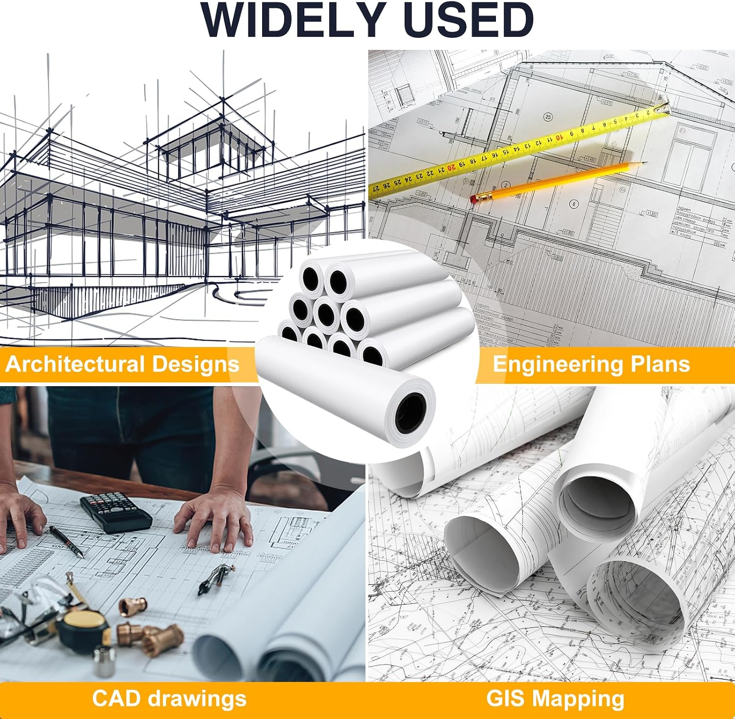 VOISEN Wide Format Paper,4 Rolls Plotter Paper 24 In x 150 Ft, CAD Bond Rolls,20lb,Bond Paper on 2" Core for CAD Printing on Wide Format Ink Jet Printers
