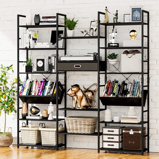 NUMENN Triple Wide 6 Tier Bookshelf, Adjustable Rustic Industrial Style Book - Image 5