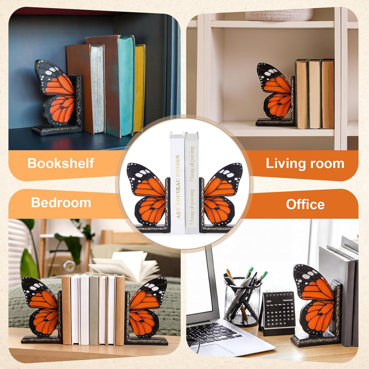 Epakh 2 Pcs Monarch Butterfly Book Ends Decorative Bookends