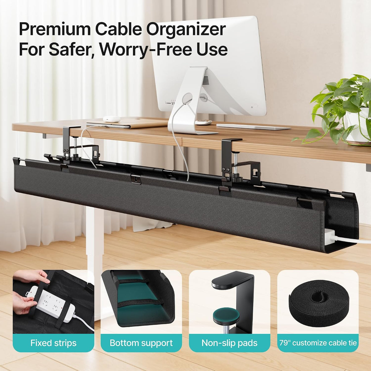 PEGZONE No Drill Under Desk Cable Management Tray, 47.2" Fabric Organizer