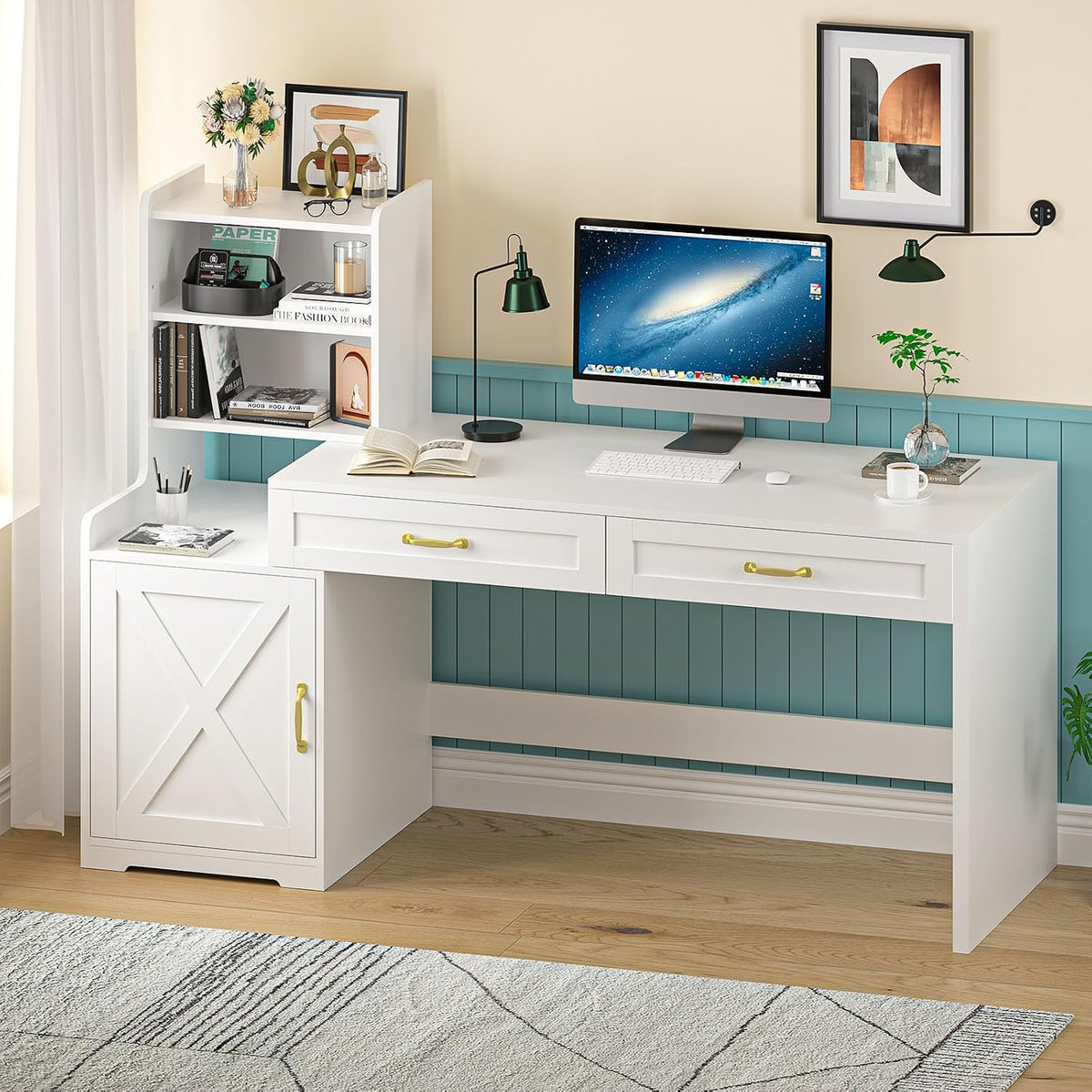60" White Computer Desk with Drawers & Bookshelves for Bedroom, Home...