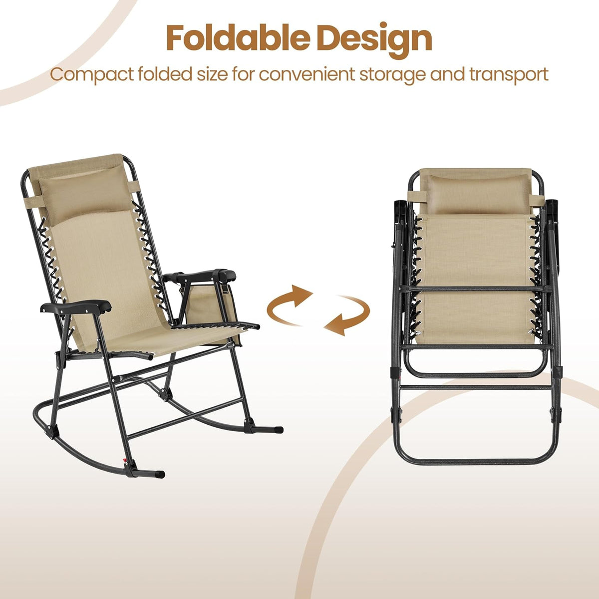 Yaheetech Patio Rocking Chair Folding Camping Chair with Pocket, Beige
