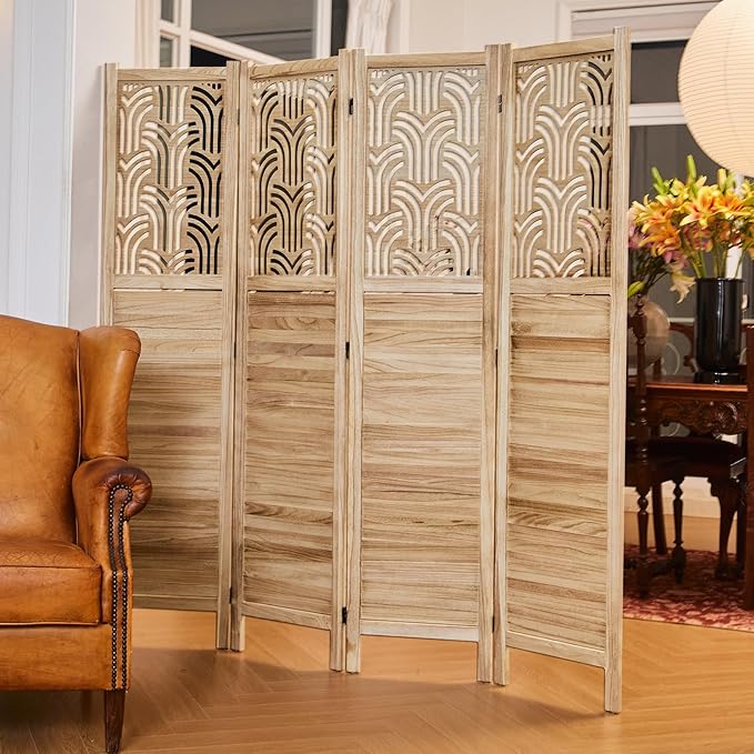 Svimi Folding Room Divider, 66.9 Inch 4 Panels Wood Carved Privacy Screens - Image 2