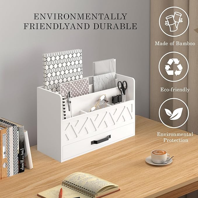 WISUCART Bamboo Mail Organizer Countertop Wood Desk Organizer Drawer Tabletop - Image 2