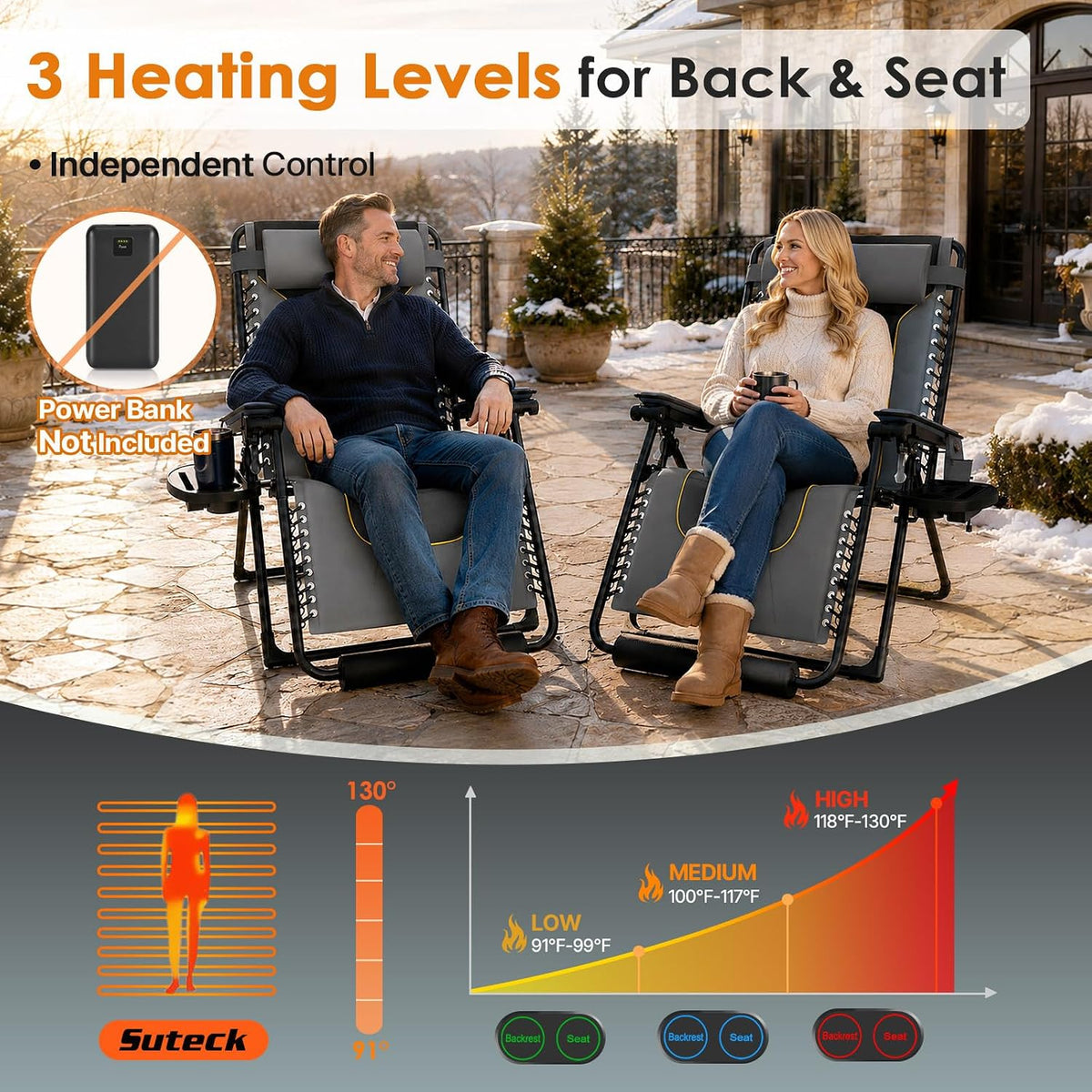 Suteck Heated Zero Gravity Chair, 400LBS 30.3" Padded Antigravity Chairs