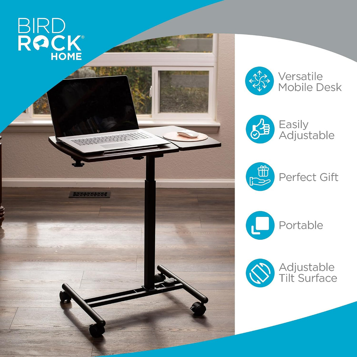 BIRDROCK HOME Adjustable Mobile Laptop Stand - Brown - Portable Rolling Stand...