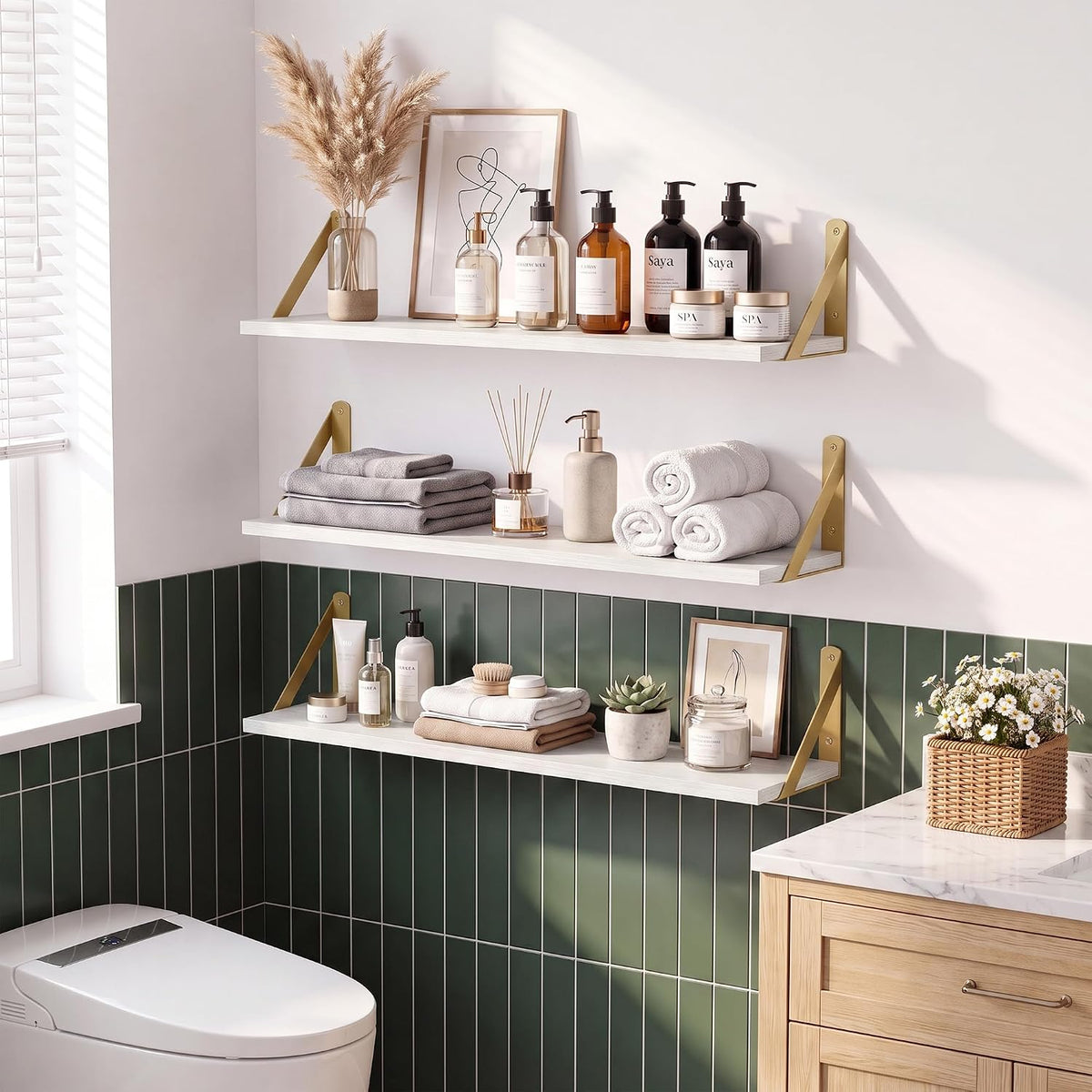 White Shelves for Wall 6 Inch Deep, 24x6 Set of 2, White&Gold
