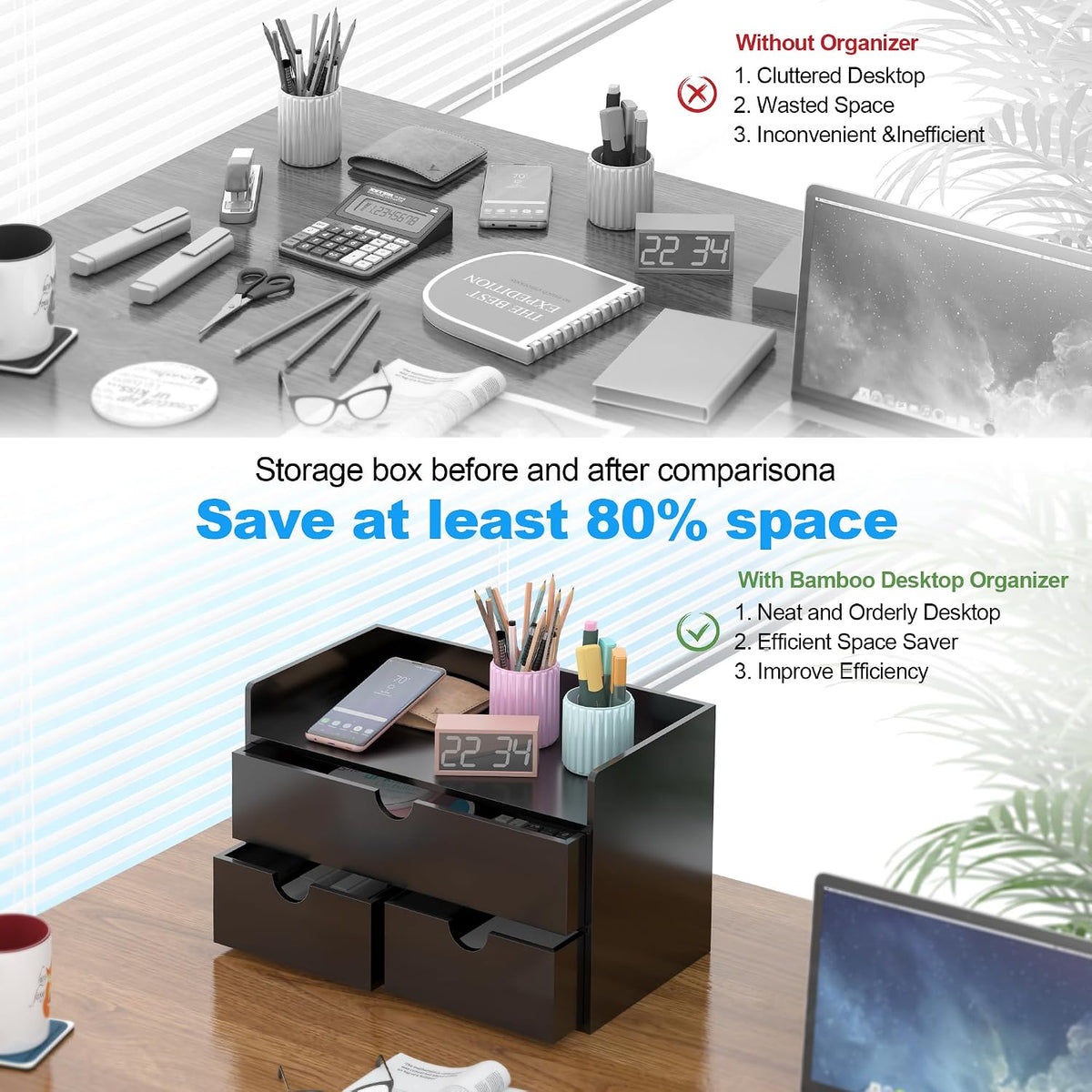 Bamboo Desk Organizer with Drawers Desktop Storage Drawers for Bills Office S...