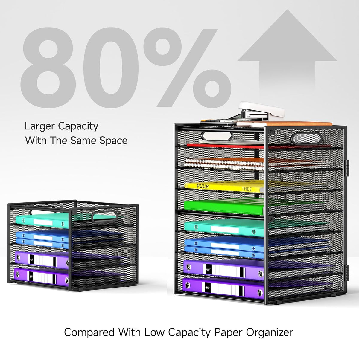 cawukege 9 tier paper organizer with handle, black, close-up detail