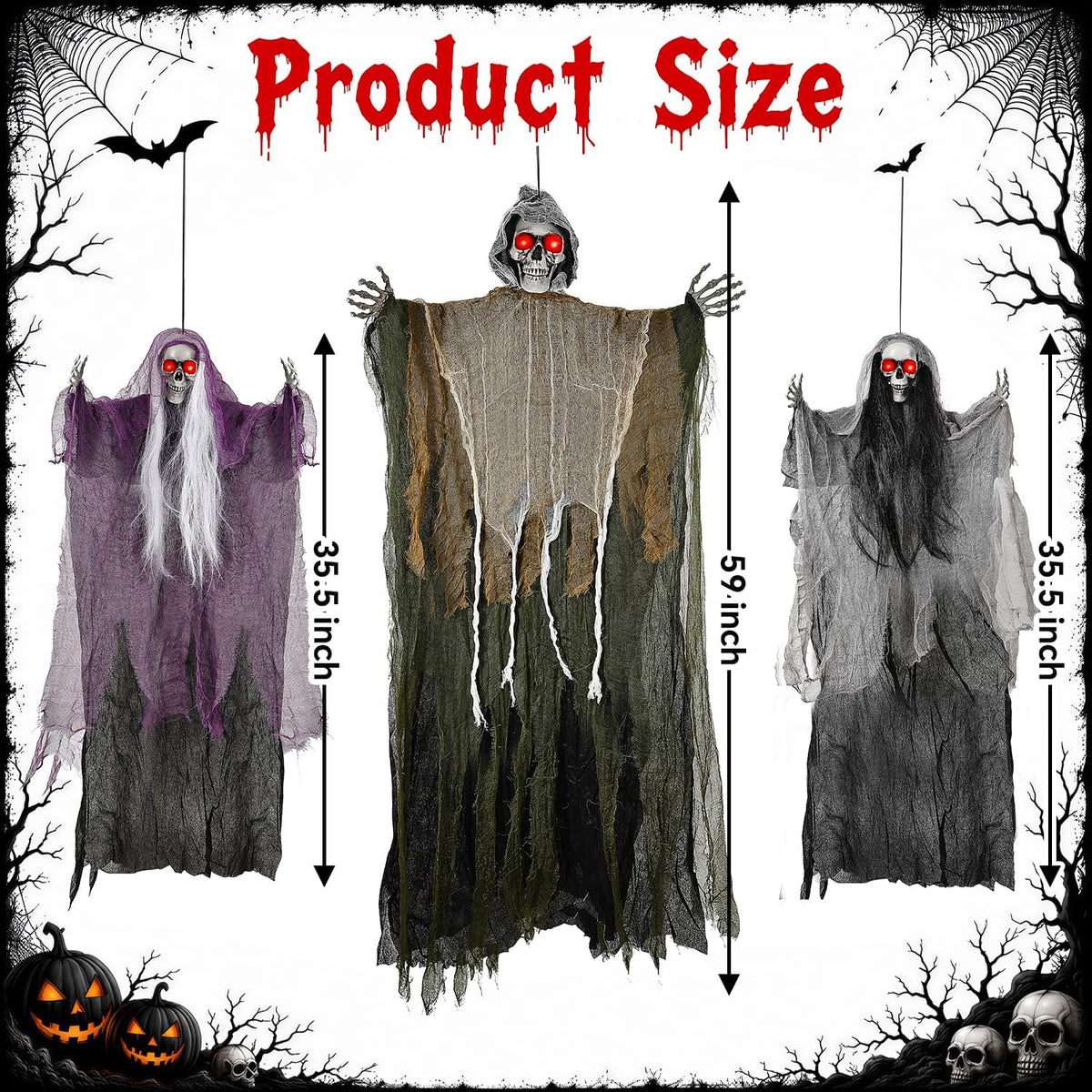 3PCS Scary Hanging Ghosts with Glowing Eyes, Light-Up Halloween Ghost Decorat...