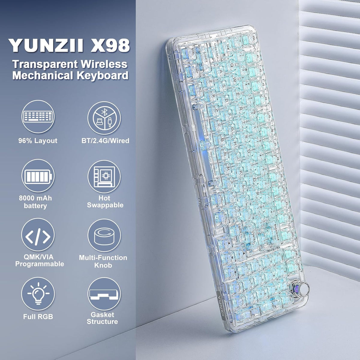 YUNZII X98 Clear Wireless Mechanical Keyboard with Knob (White,Snow Switch)