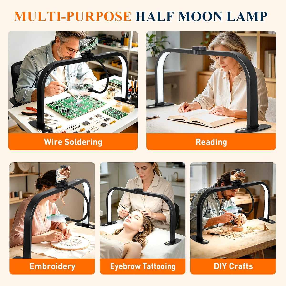 Half Moon Nail Light for Desk with 5X Magnifier & Phone Holder