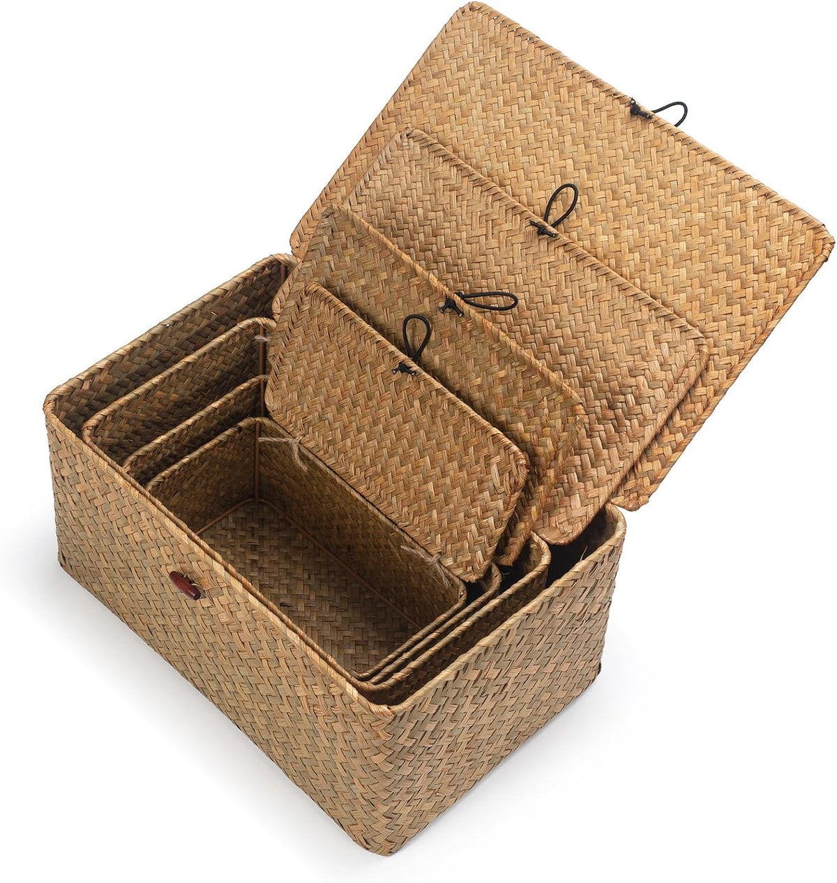 Wicker Basket with Lid, Seagrass Storage Basket, Woven Baskets for Storage, D...