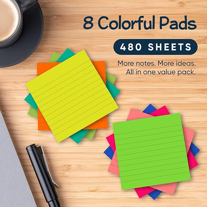 Lined Sticky Notes 3x3 Pack of 8, Bright Colored Super Self Sticky Pads - Image 9