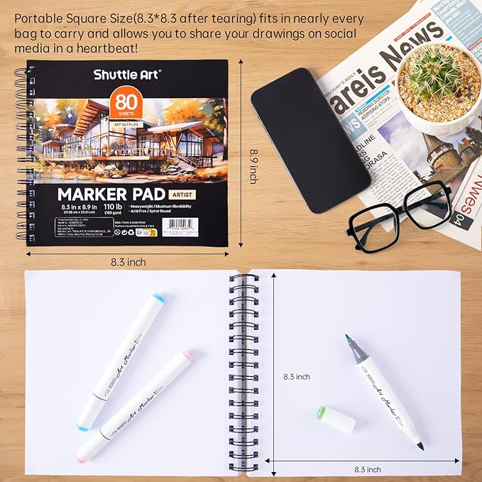 Shuttle Art Marker Pad, 8.3”x8.9” Portable Square Sketchbook, 80 Sheets Marker - Image 7