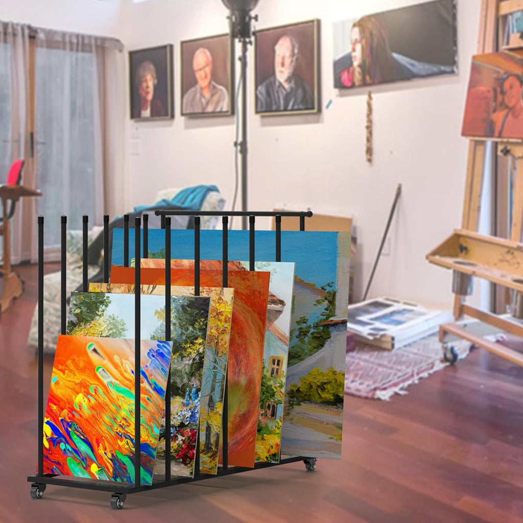 art storage rack, art canvas storage, canvas boards shown in use