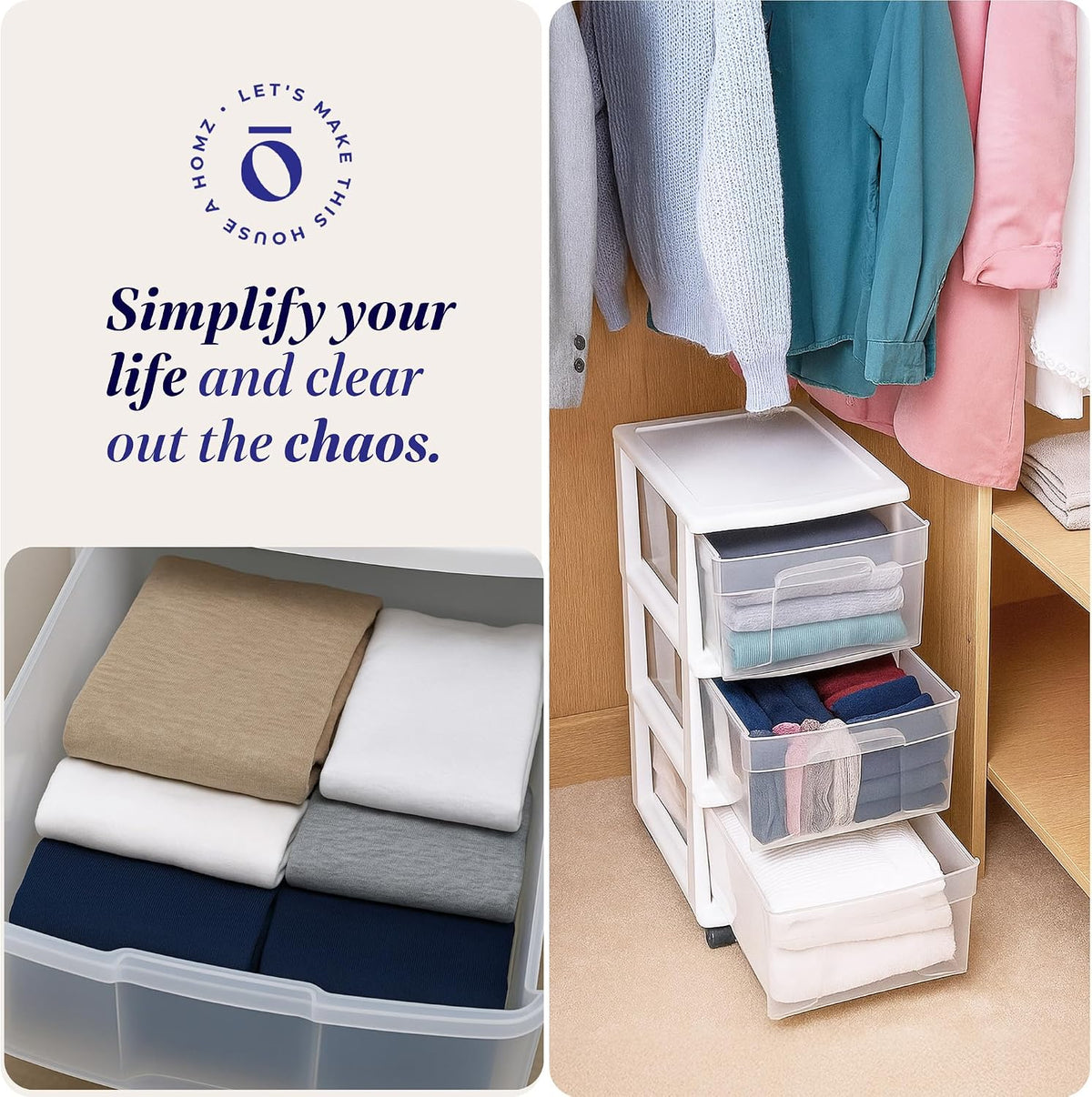 HOMZ Drawer Tower, 3-Tier Storage Cart with Removable Wheels, White Frame