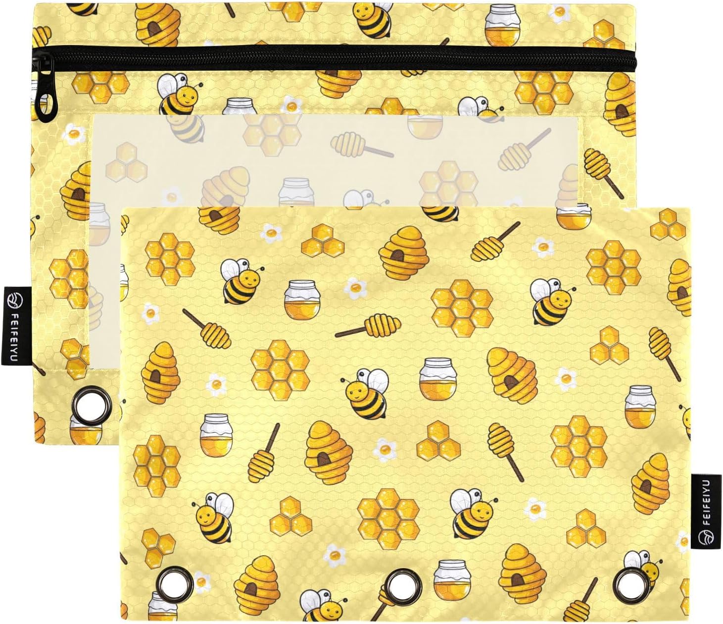 Bee Pencil Pouches for 3 Ring Binder 2 Pack 9.84 x 6.1 Inch | 3 Ring Binder Pencil Case With Zipper Reinforced GrommetsPencil Bags for Office Organizers