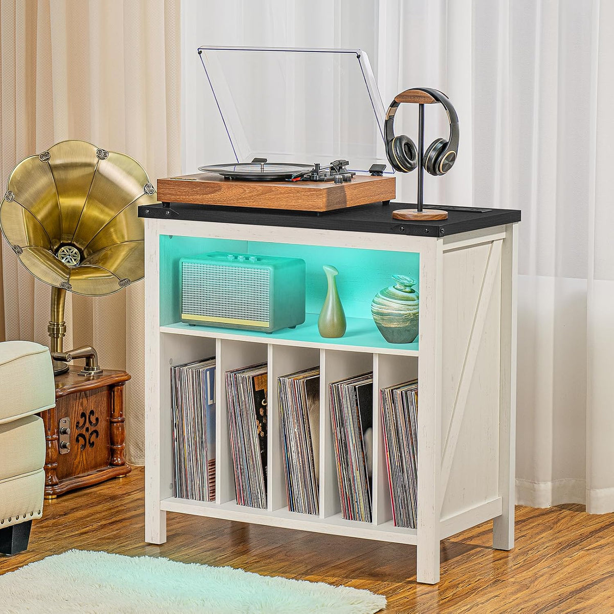 Joaxswe Large Record Player Stand with Charging Station & LED Lights, Vin...