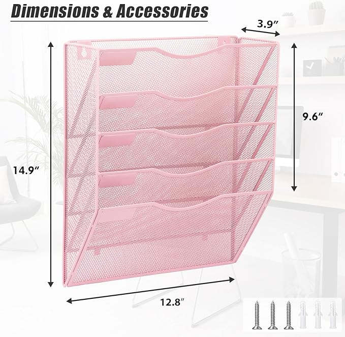 EASEPRES 5 Pocket Mesh Hanging Wall File Organizer, Wall Mounted Mail Paper - Image 2