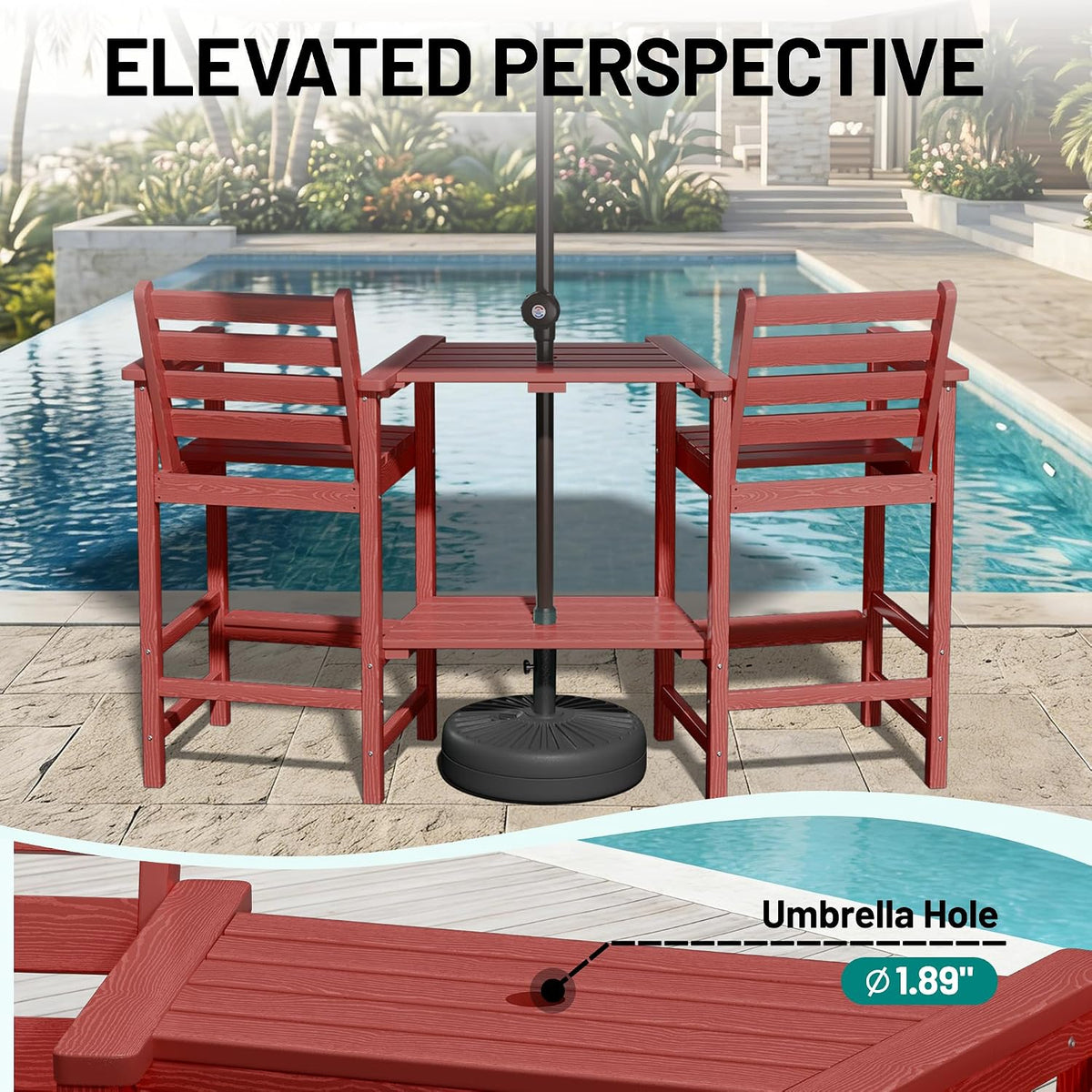 PLUUV Tall Adirondack Chairs Set of 2 with Double Table Trays, Red