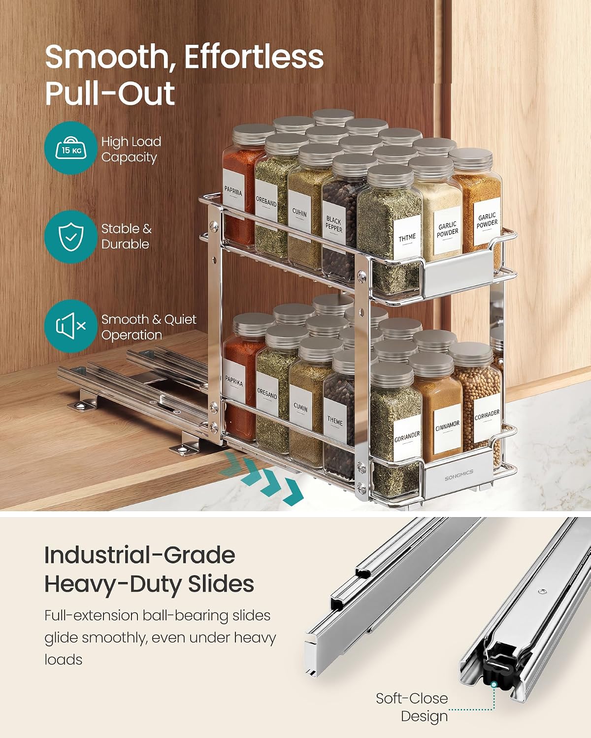 SONGMICS Spice Rack Organizer for Cabinet, Pull Out 2 Tier Thick Steel