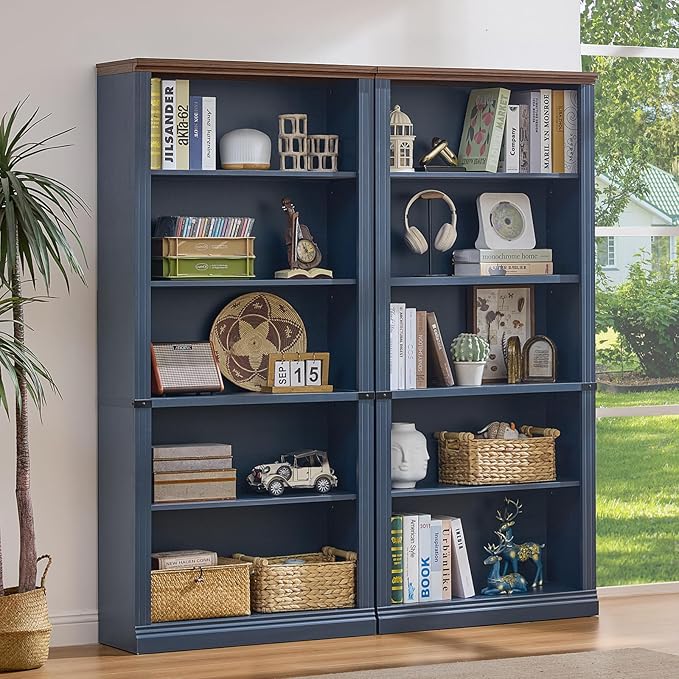 RWYHG 70" Blue Tall Bookshelf Set of 2, 5-Tier Thick Wooden Book Shelf by RWYHG