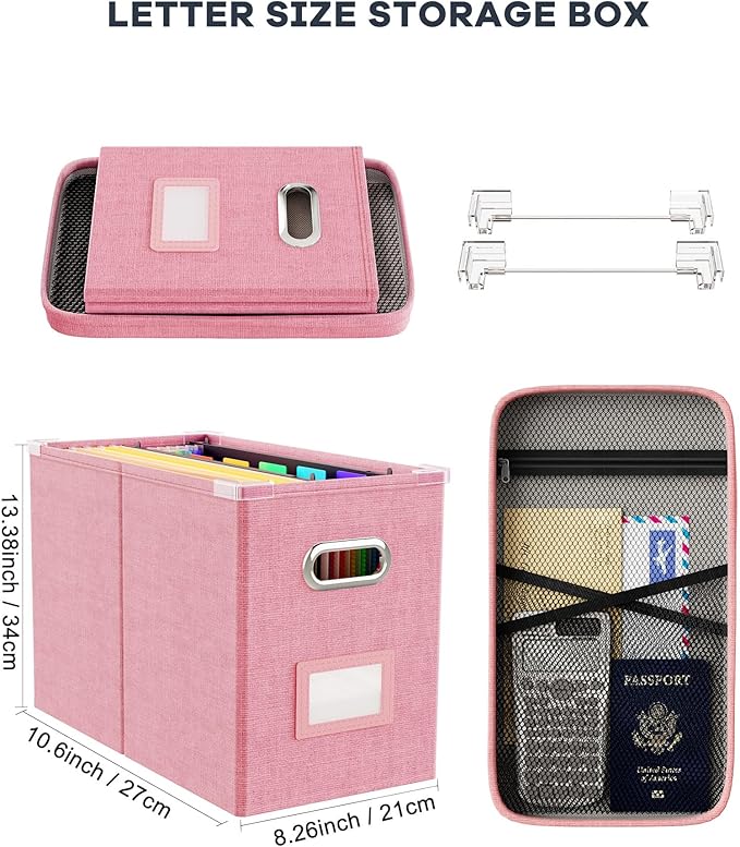 Oterri File Organizer Box with Lid, Hanging Filing File Box with Mesh Pocket - Image 2