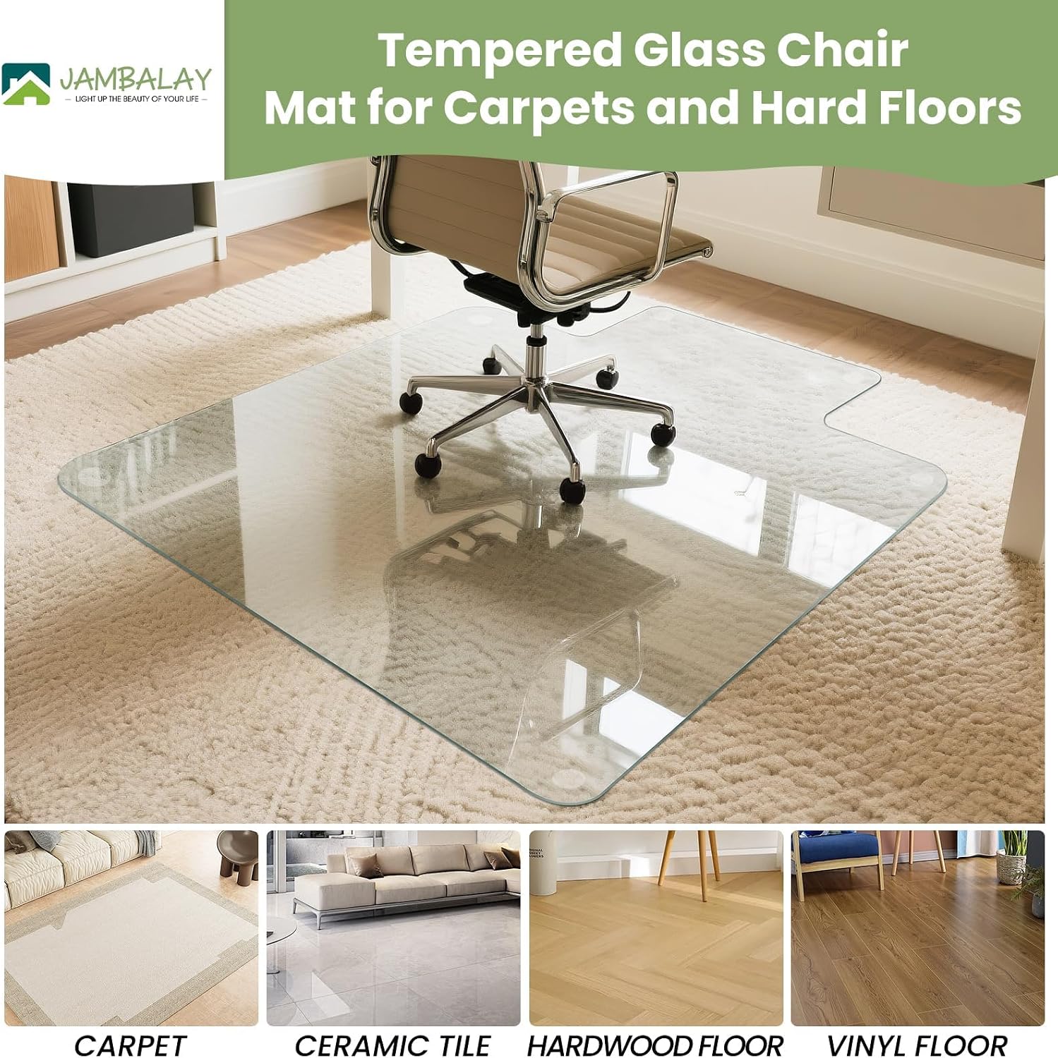 JAMBALAY Premium Tempered Glass Chair Mat, 31"x48" Heavy Duty Glass Office Floor Mat for Carpets or Hard Floors, with Non Slip Pads, Round Corners and Polished Edges, Easy Roll On, Thick 0.2″