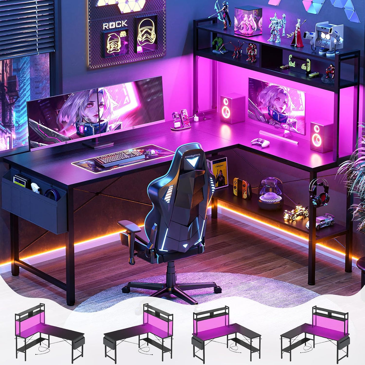 Aheaplus 59" L Shaped Desk Gaming Desk with LED Light & Power Outlet...