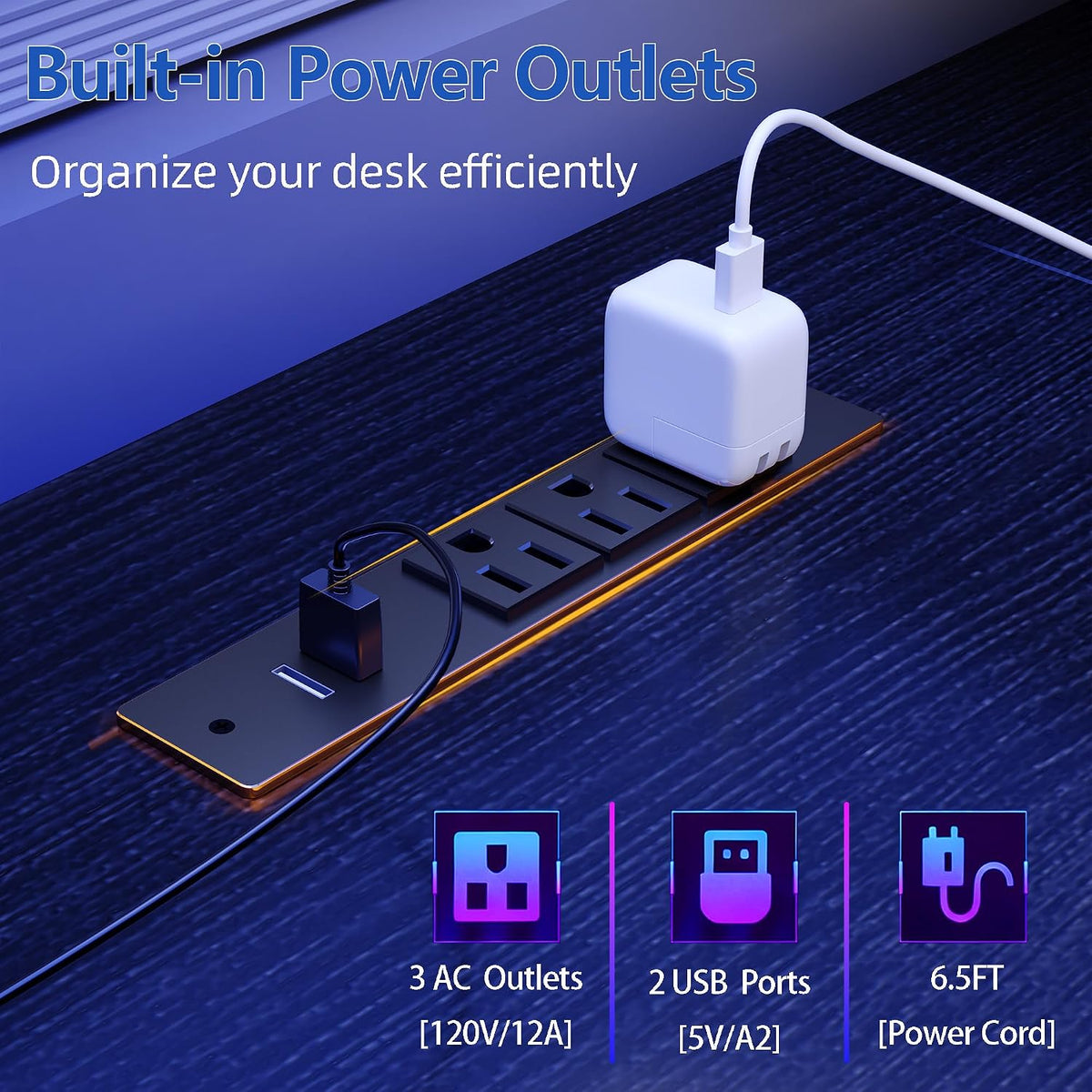 Furologee 51" Gaming Desk with Outlets & LED, Computer Office Desk, ...