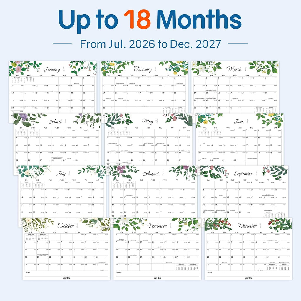 SUNEE Desk Calendar 2026-2027 17" x 12", 18 Month Calendar Jul. 2026 - Dec. 2027, Calendar 2026-2027 With Notes, for Planning, Organizing in Family, School or Office - Greenery