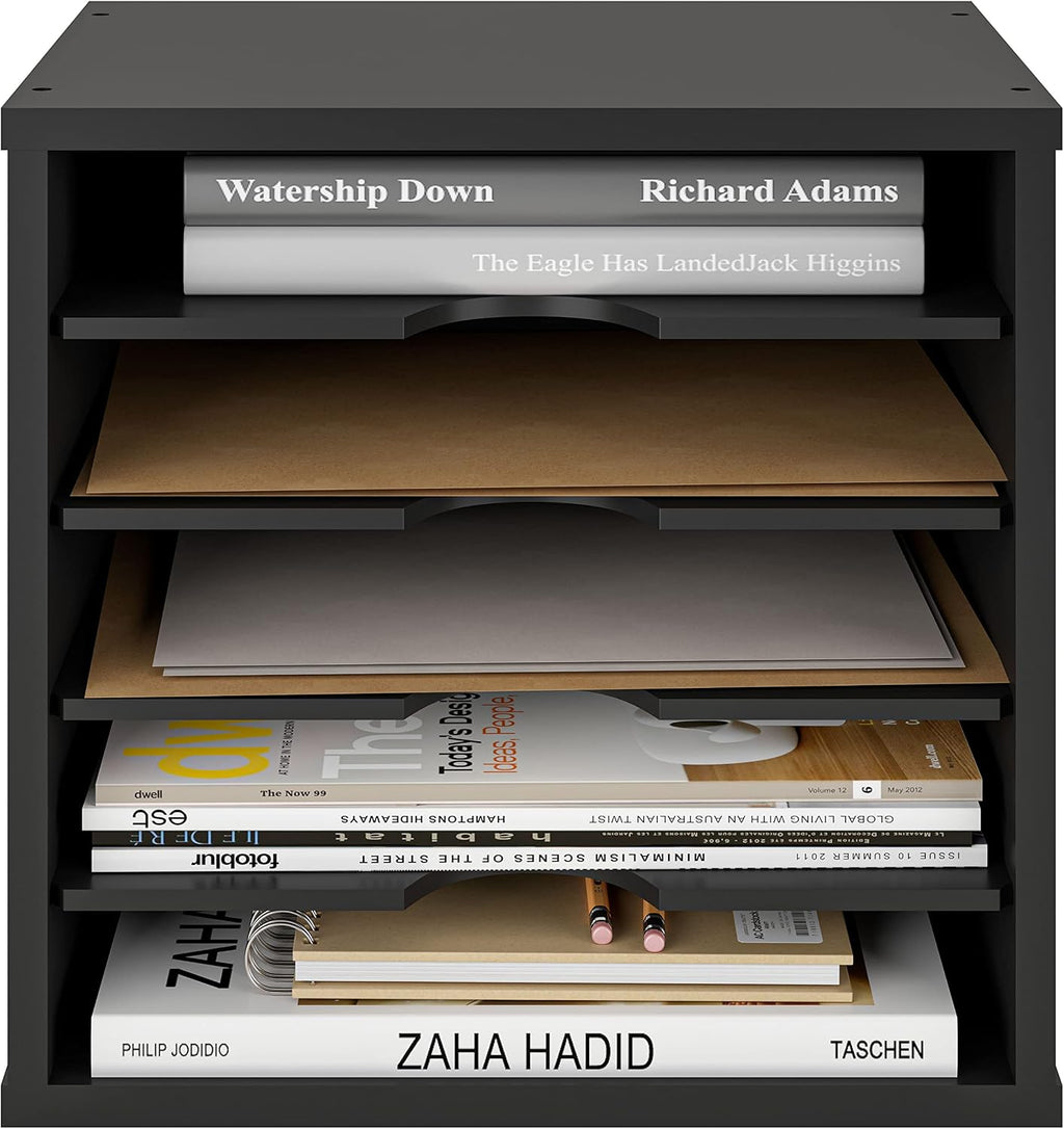 ballucci 5-tier file organizer for desk, wooden mail, front angle view