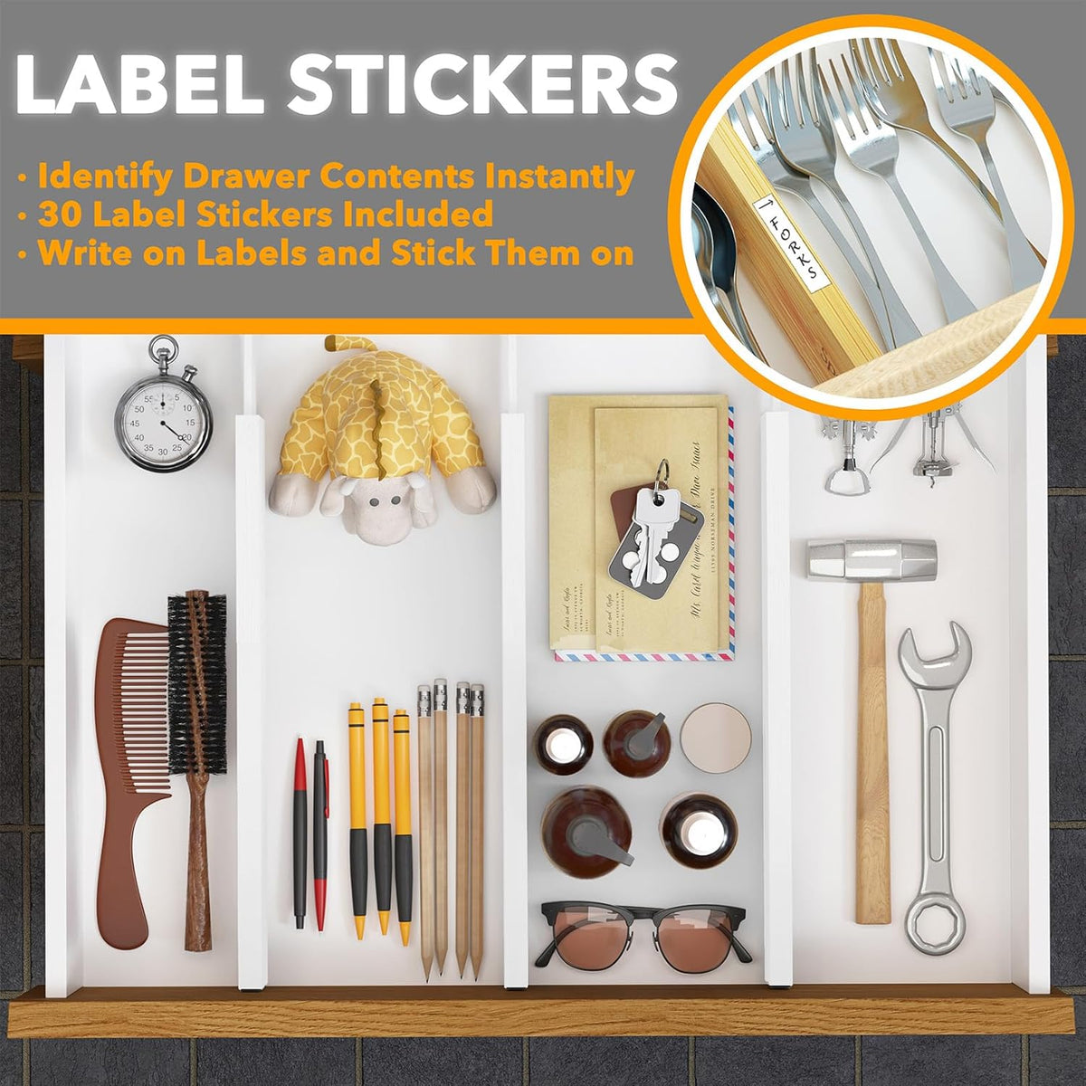 SpaceAid 4 Pack Bamboo Drawer Dividers with Labels, Kitchen Adjustable Drawer...