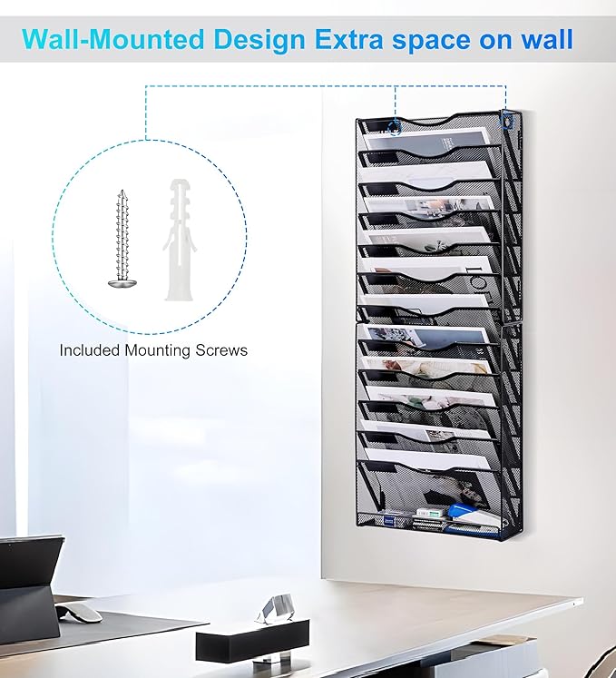Solinxe 12-Tier Wall File Organizer, Mesh Mail Organizer Wall Mounted Paper - Image 3